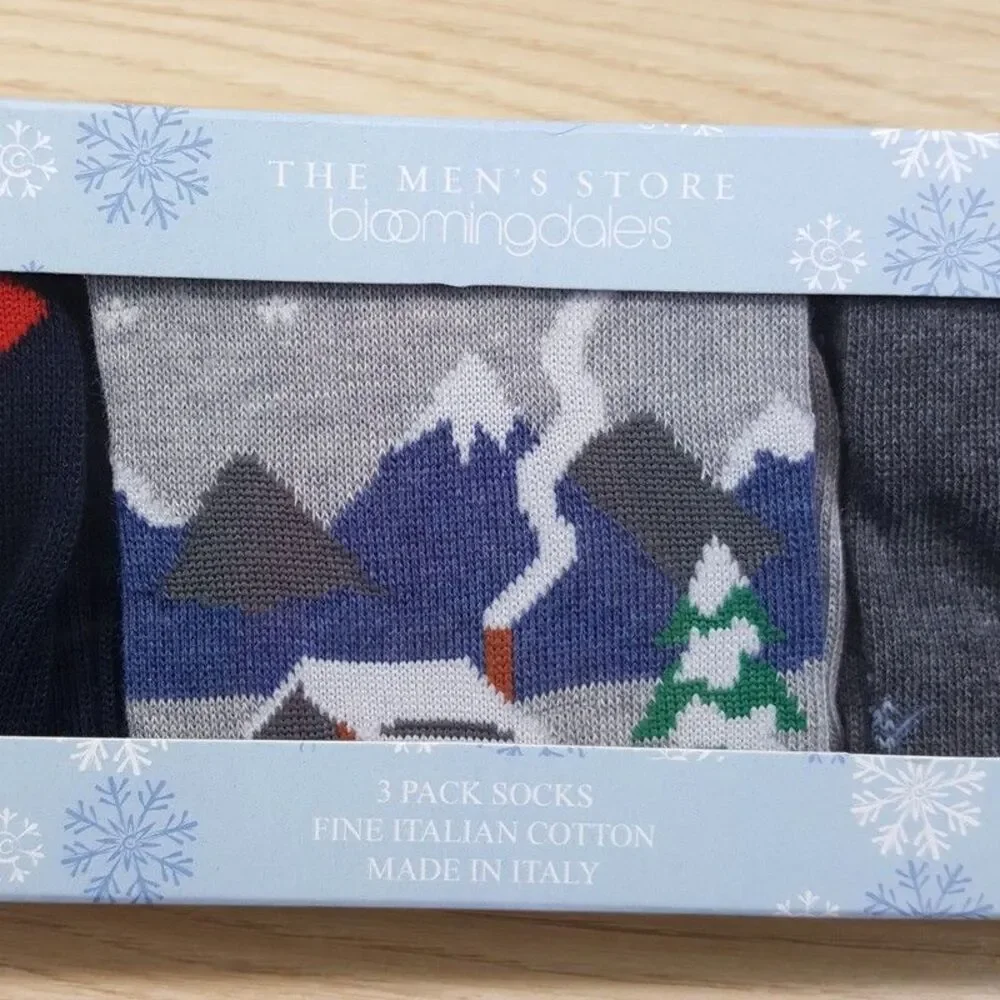 BLOOMINDALES Crew Socks Mens Holiday Winter Snow 3-Pack Gift Box Cotton Italy